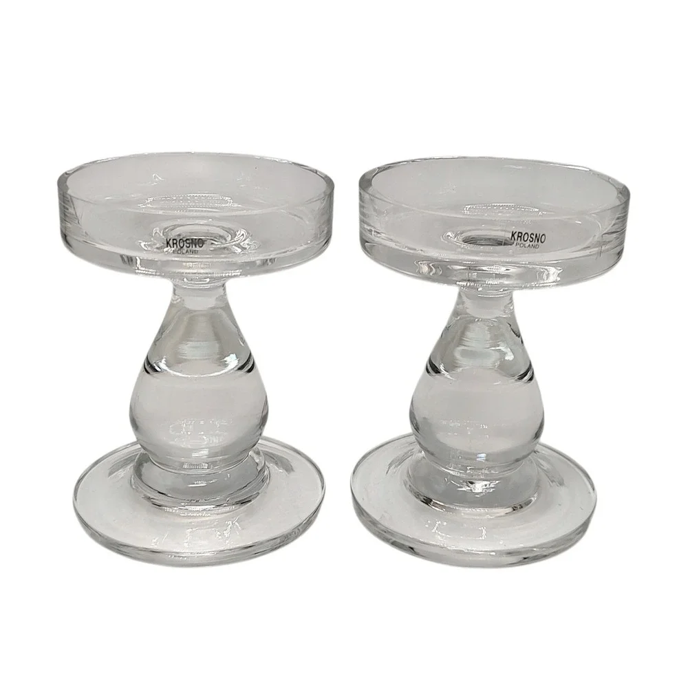 Vintage Krosno Glass Pillar Candle Holder Poland Handmade Crystal Set of Two‎